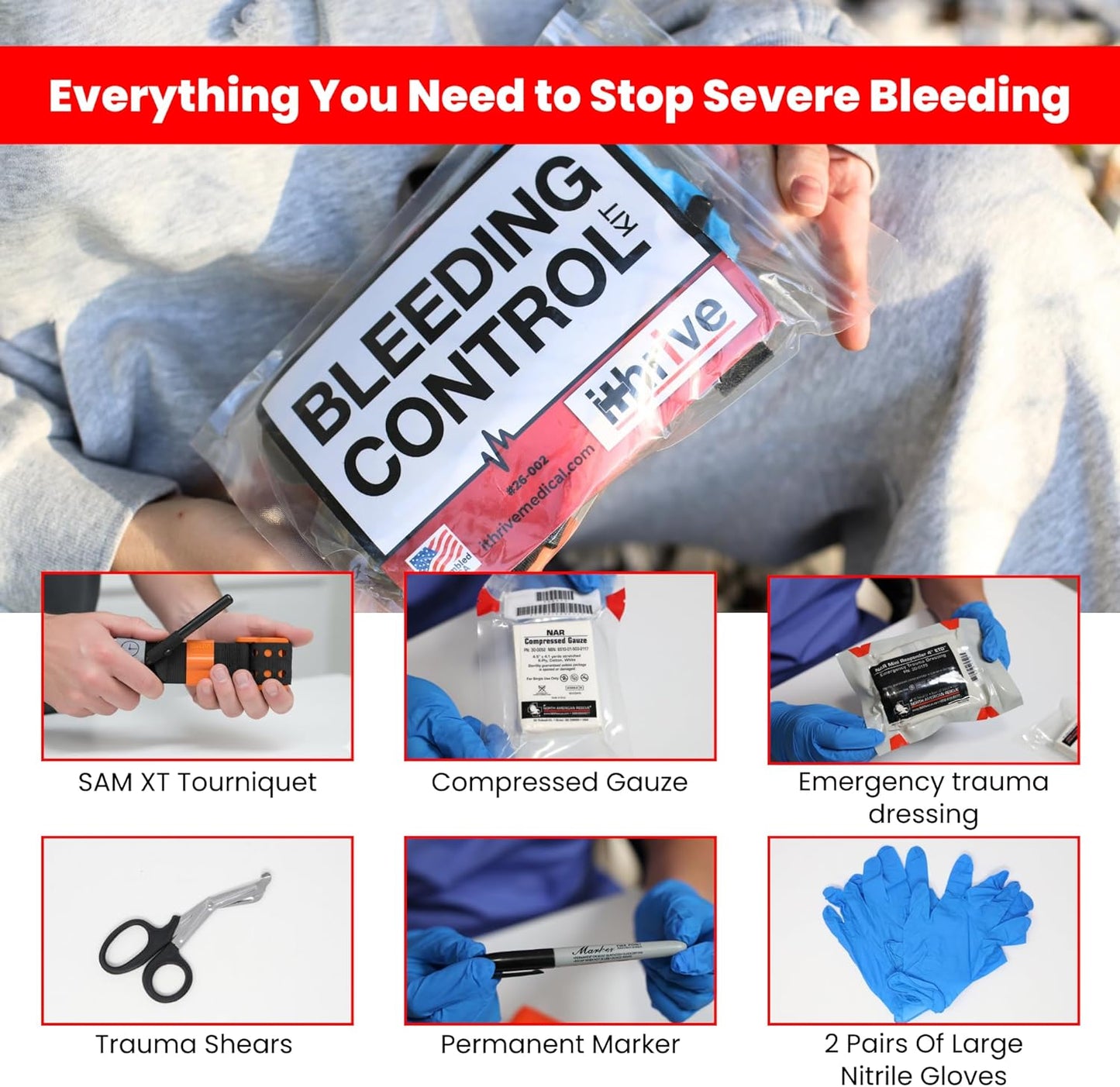 Basic Bleeding Control Kit contents including SAM XT Tourniquet and trauma shears