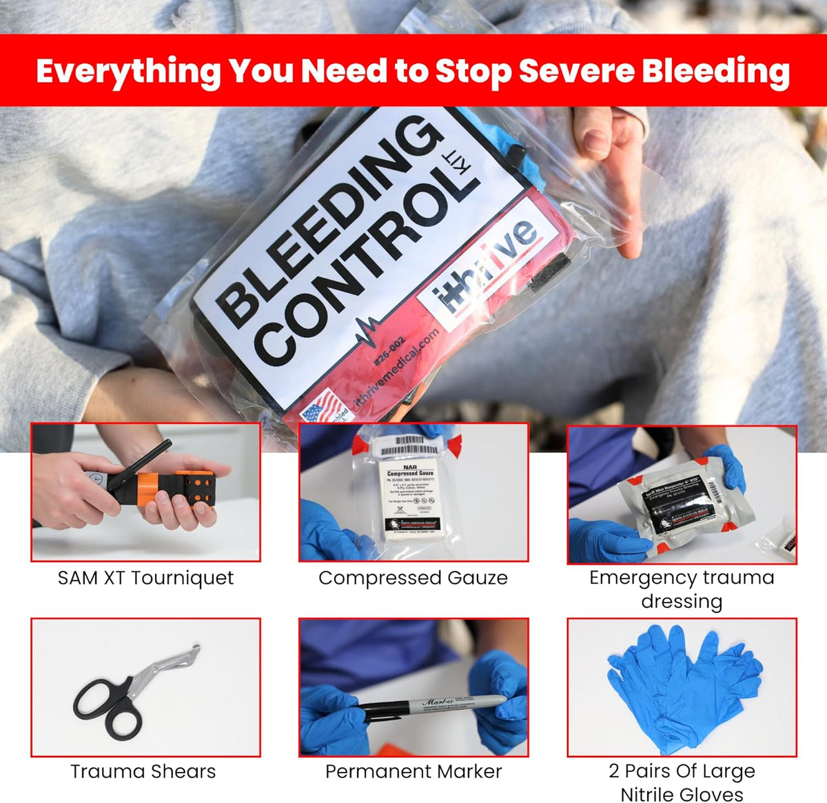 Basic Bleeding Control Kit contents including SAM XT Tourniquet and trauma shears