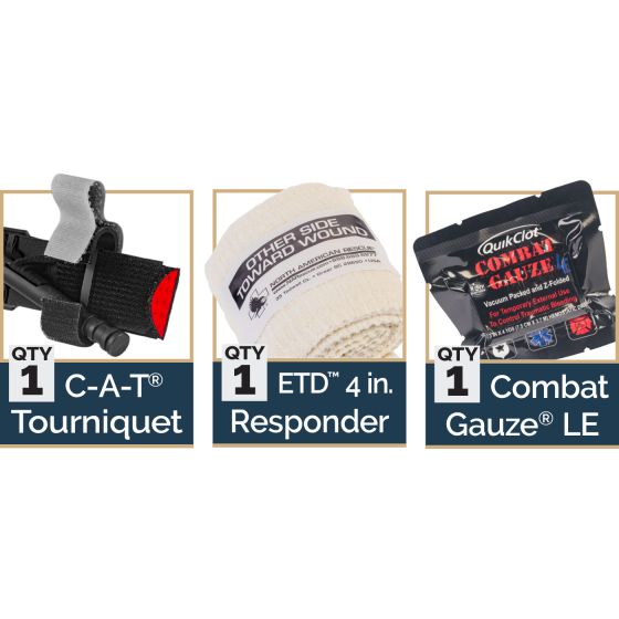 CORE Kit contents: C-A-T Tourniquet, Combat Gauze, and 4 inch Flat ETD