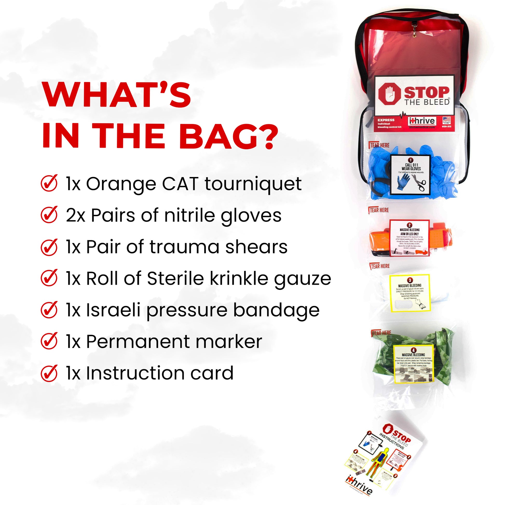 Express Bleeding Control Kit contents including C-A-T Tourniquet, trauma shears, and Israeli pressure bandage