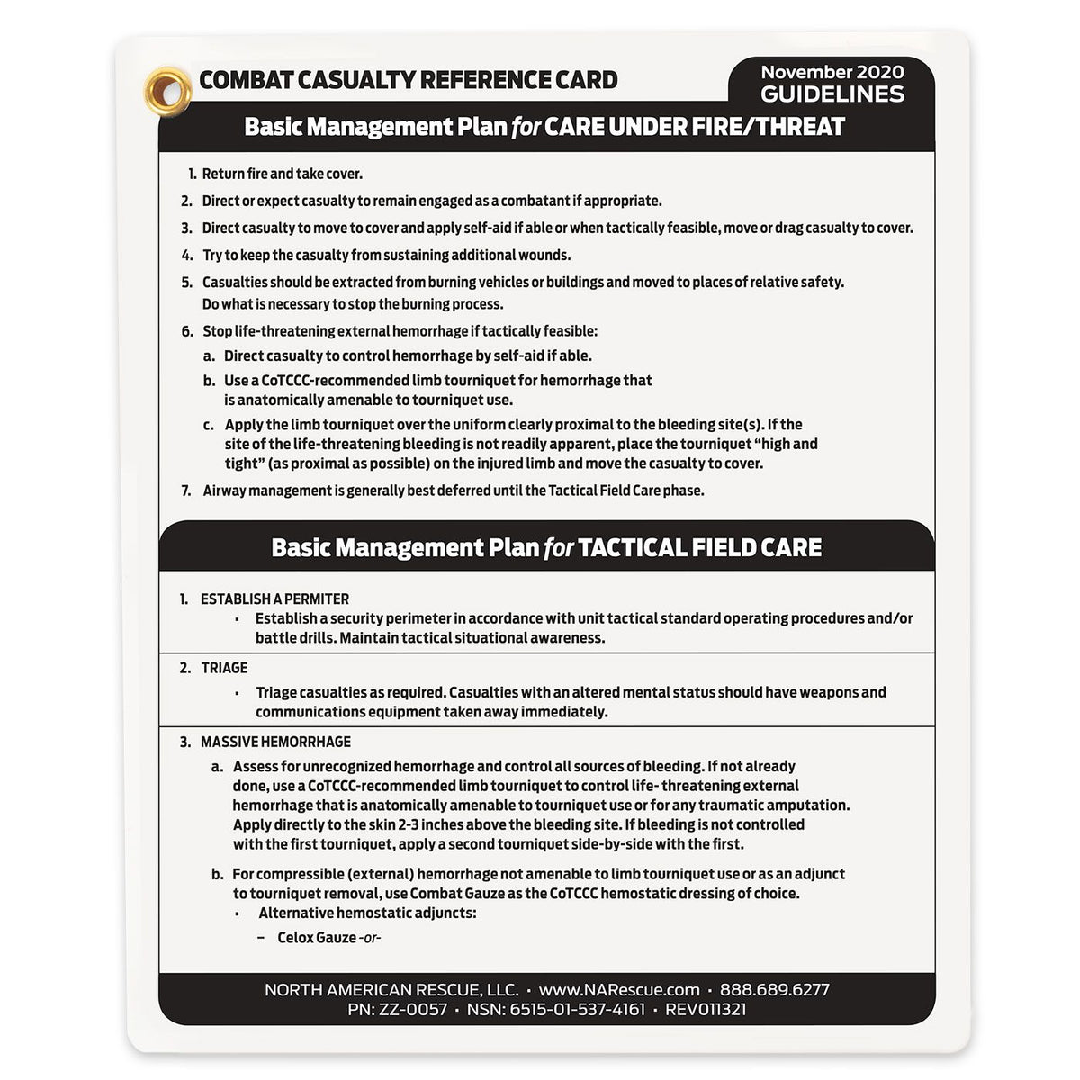 Combat Casualty Reference Card Tactical Field Care section